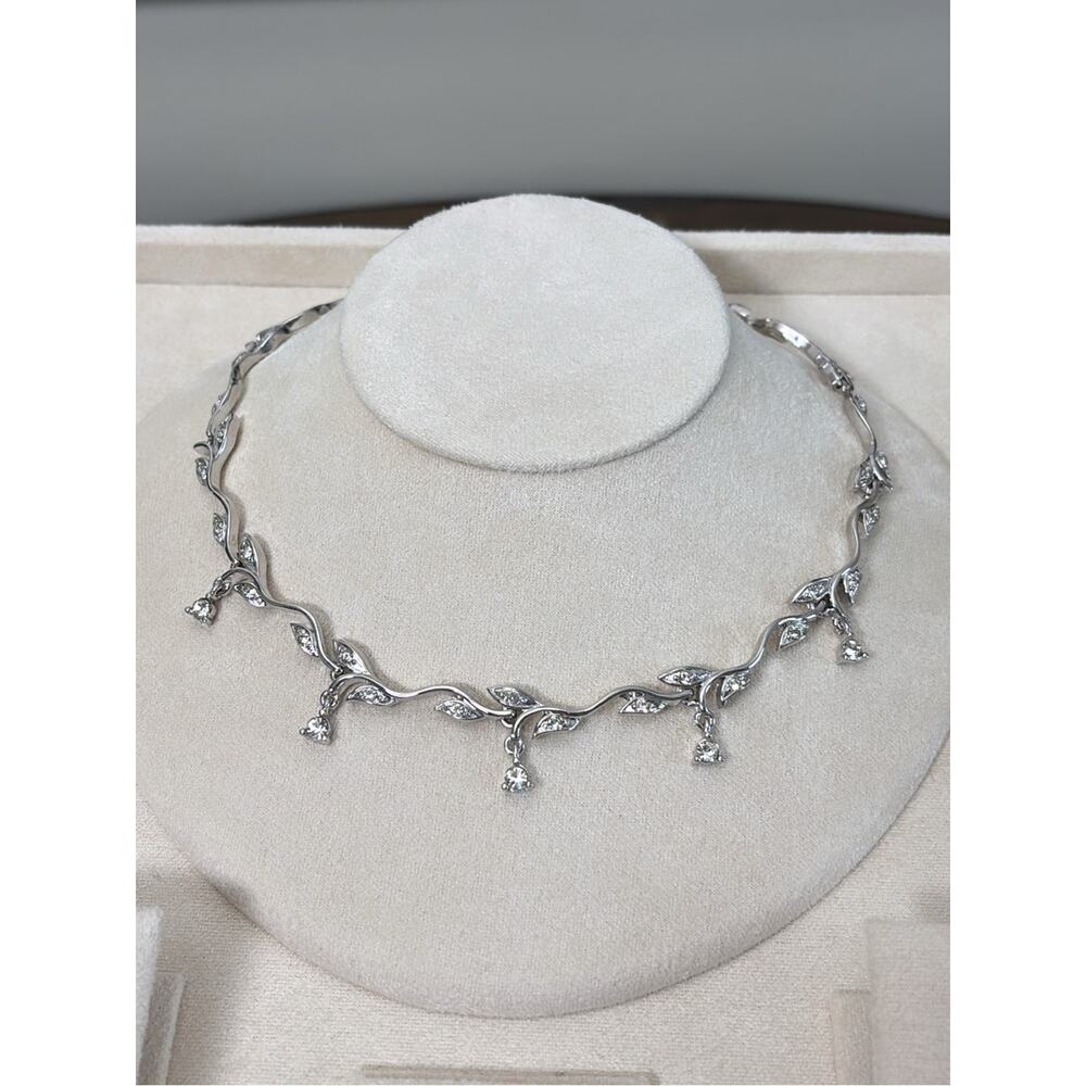 Nina Ricci Silver Leaf Vine Necklace with Clear Crystal Drops